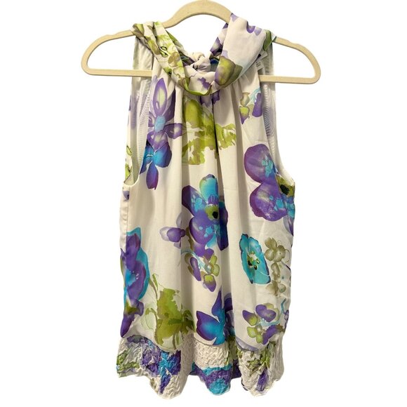 Dressbarn Floral Halter Top With Ruffled Hem Size L Flower Print Sleeveless top - Picture 2 of 12